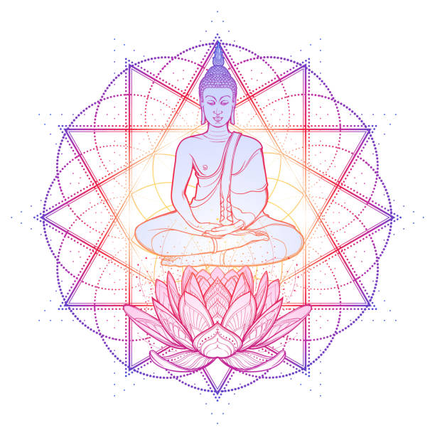 istock Buddha meditating in the single lotus position. Hexagram representing anahata chakra in yoga on a background. 1058258304