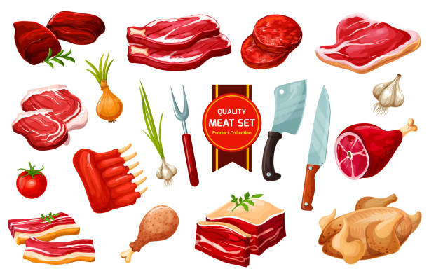 fleisch und geflügel mit besteck, gemüse - poultry stock-grafiken, -clipart, -cartoons und -symbole