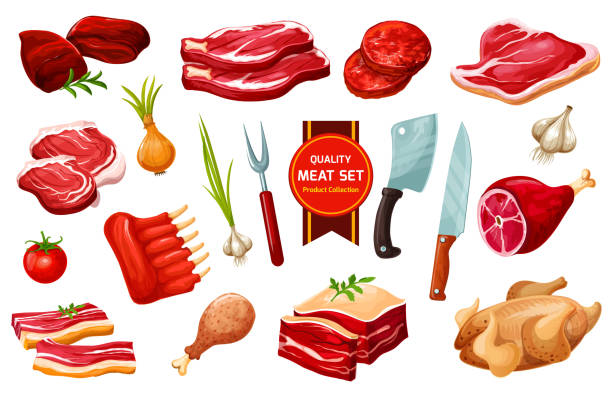 Meat and poultry with cutlery, vegetables Butchery meat products and poultry, vegetables and cutting tools, vector. Pork and beef filet, fried chicken, mutton ribs, turkey and liver, knives and fork, cutlery hatcher beef illustrations stock illustrations