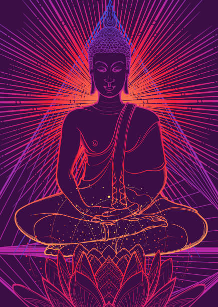 buddha meditierend in der einzigen lotus-position. hexagramm, anahata chakra yoga auf einem hintergrund darstellt. - nirvana stock-grafiken, -clipart, -cartoons und -symbole