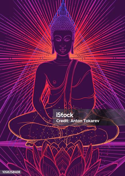 Buddha Meditating In The Single Lotus Position Hexagram Representing Anahata Chakra In Yoga On A Background Stock Illustration - Download Image Now