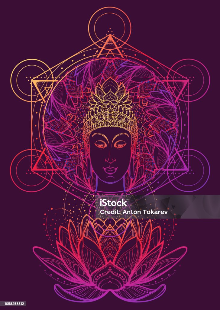 Buddha meditating in the single lotus position. Hexagram representing anahata chakra in yoga on a background. Buddha head in a lotus flower frame. Hexagram representing anahata chakra in yoga on a background. Intricate hand drawing isolated on byzantium tone background. Tattoo design. EPS10 vector Brahma stock vector