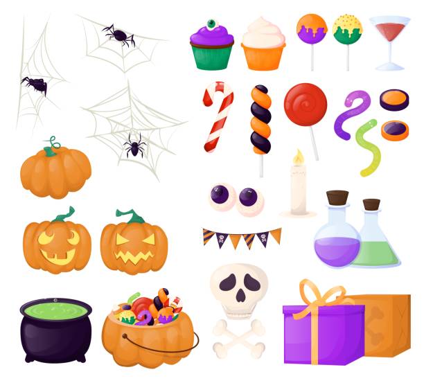 ilustrações, clipart, desenhos animados e ícones de doces e doces de halloween teia de aranha a ilustração vetorial aranha caveira dom caixa. - spider web halloween corn pumpkin