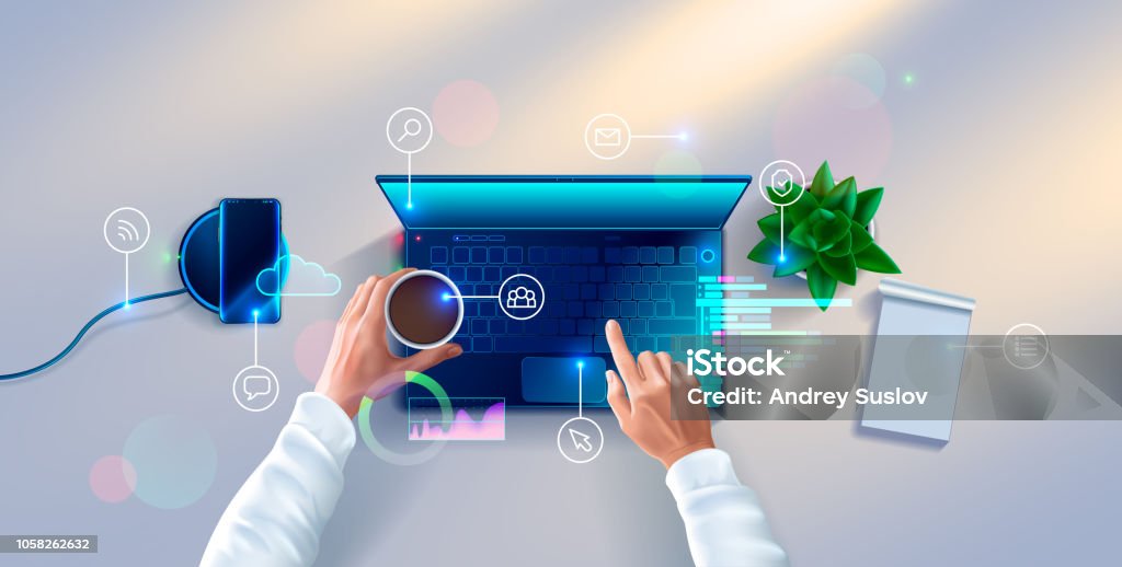 Hands of developer working on keyboard of laptop on white desk. top view. Workplace of programmer with notebook, table plant, smartphone, icons and interface elements. Application Programming Interface stock vector