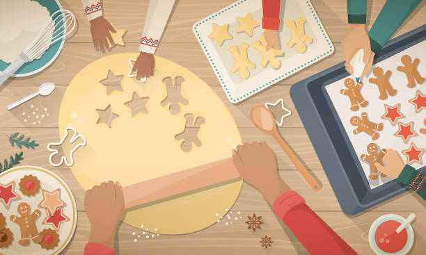 ilustraciones, imágenes clip art, dibujos animados e iconos de stock de madre y los niños preparando dulces para navidad - bandeja de horno