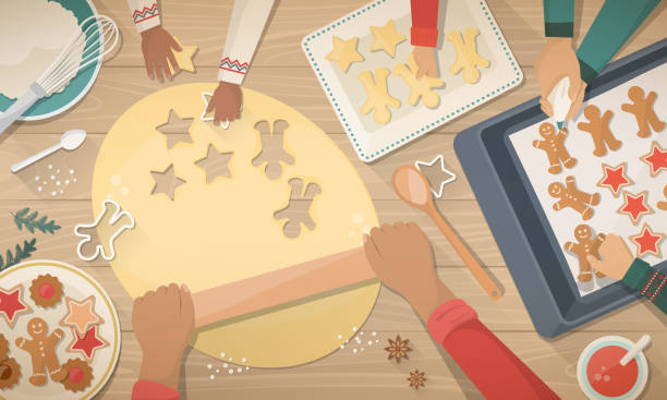 Mother and kids preparing sweets for Christmas Happy family preparing sweets for Christmas: the mother is flattening the dough with a rolling pin and the kids are helping her family christmas stock illustrations