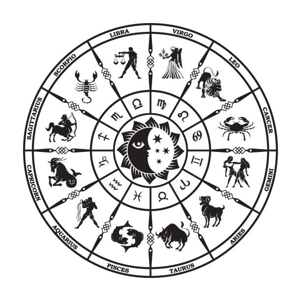 illustrazioni stock, clip art, cartoni animati e icone di tendenza di oroscopo nero rotondo su sfondo bianco. cerchio con segni zodiacali. vettore - fortune telling astrology sign wheel sun