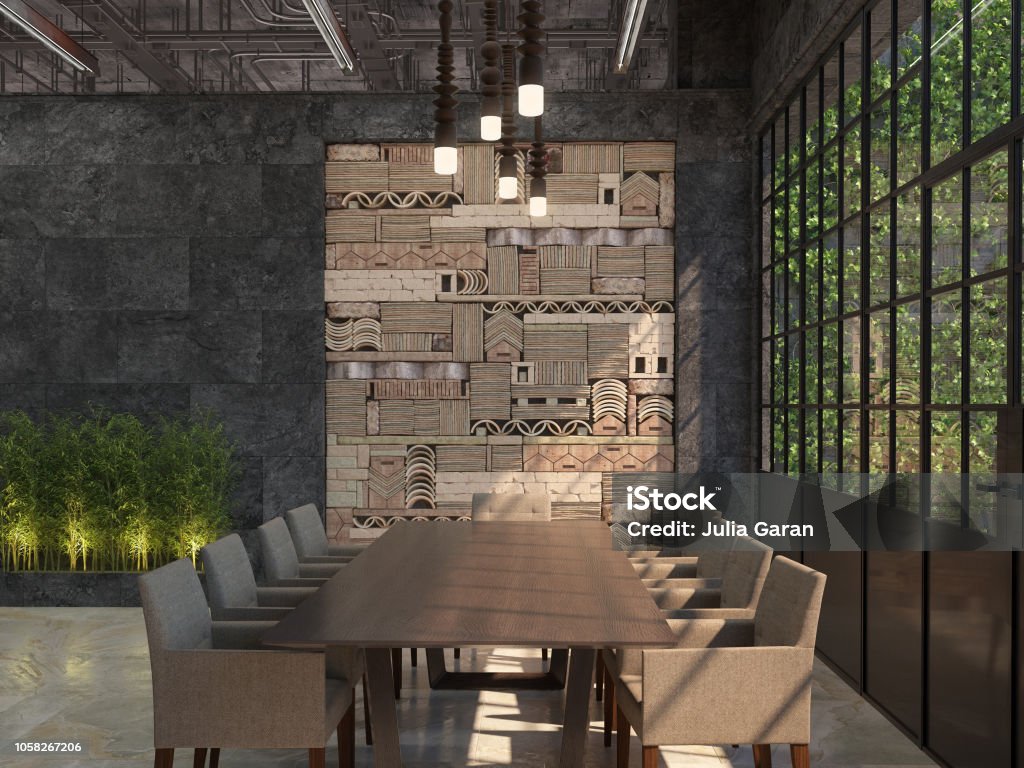Interior design of the conference hall. Meeting room with table and chairs in loft style. 3D visualization. Lobby Stock Photo