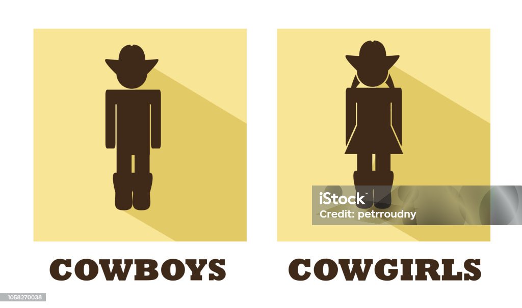 Cowboys and cowgirls vector flat toilet signs Vector flat icons of cowboys and cowgirls toilet or wc signs. Illustration of man and woman with dark shadow on a yellow background. Adult stock vector