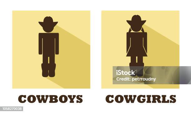 Cowboys And Cowgirls Vector Flat Toilet Signs Stock Illustration - Download Image Now - Adult, Backgrounds, Bathroom