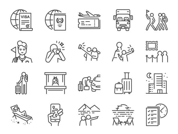 Tourism line icon set. Included icons as tourist, guide, traveler, vacation and more.