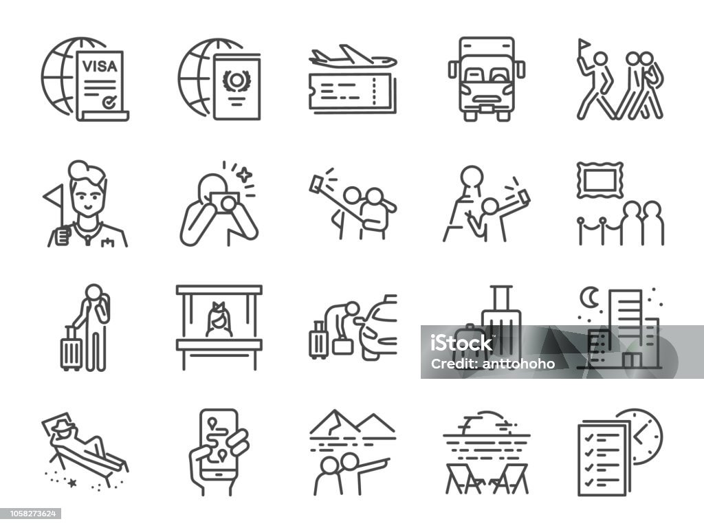 Tourism line icon set. Included icons as tourist, guide, traveler, vacation and more. Icon Symbol stock vector