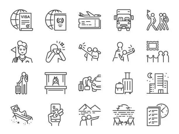 Vector illustration of Tourism line icon set. Included icons as tourist, guide, traveler, vacation and more.