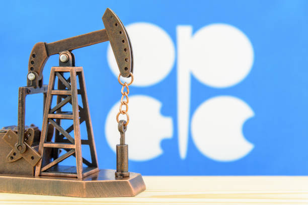 석유, petrodollar 및 원유 개념: 펌프 잭 및 석유 수출국 기구 또는 조직의 석유 수출국의 국기, 개발 또는 생산 세계 석유 산업의 투자를 묘사. - opec 뉴스 사진 이미지