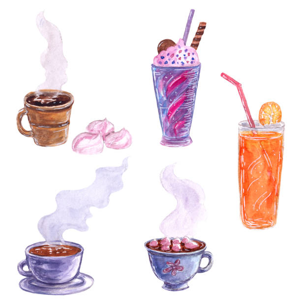 stockillustraties, clipart, cartoons en iconen met collectie van dranken - hot chocolate purple