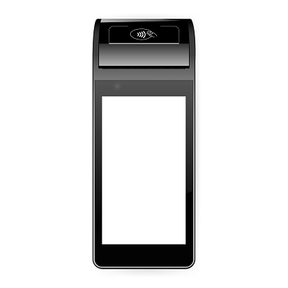 Mobile payment terminal mockup - top view. POS terminal with blank screen isolated on white background. Vector illustration