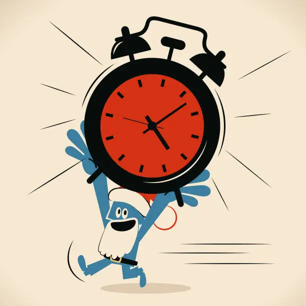 Vector illustration of Blue man with santa hat and beard running and carrying a huge alarm clock on head