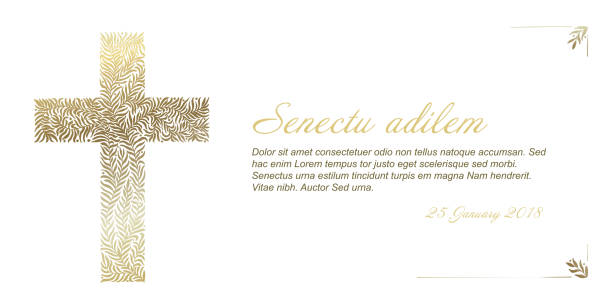 Funeral card template Funeral card template with golden cross made from leafs on white background rood stock illustrations