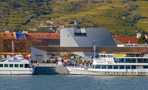 Budapest, Hungary - April, 2025:  River cruise boats on the River Danube at Budapest. They are moored and in the foreground.  The Citadel and the Rudas Baths are in the background.