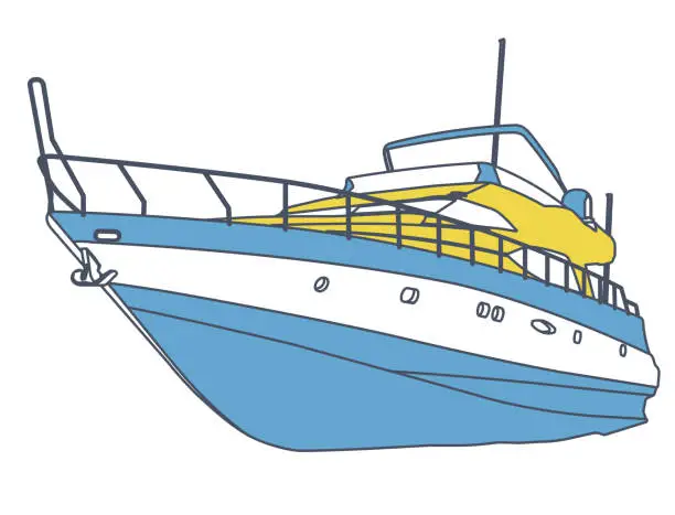 Vector illustration of Blue yellow motor boat. Outlined sea yacht for fishing and leisure time. Luxury expensive motorboat