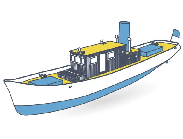 Vector illustration of Outlined river steamer with large chimney. Motor boat, sea steamship for fishing