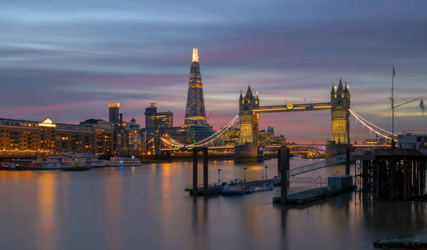 Tower bridge and the Shard at twilight London city skyline, The Shard, Thames river and Tower bridge during twilight sunset, united kingdom river wharfe stock pictures, royalty-free photos & images