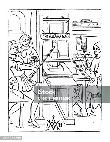 istock XVI century - Art and craft: books print workshop 1058285254