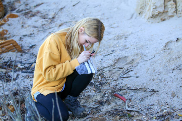 istock Final year female Geology student taking coastal rock samples and labelling sample bags for further analysis in the South of England as part of her final year Geology dissertation on sea level changes in the UK 1058288800