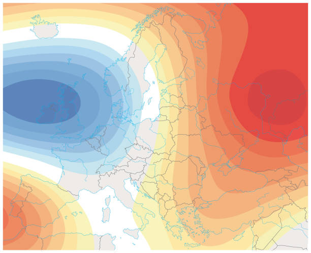 ilustrações, clipart, desenhos animados e ícones de imagem de tempo meteorológico imaginário do mapa de clima da europa. - meteorology