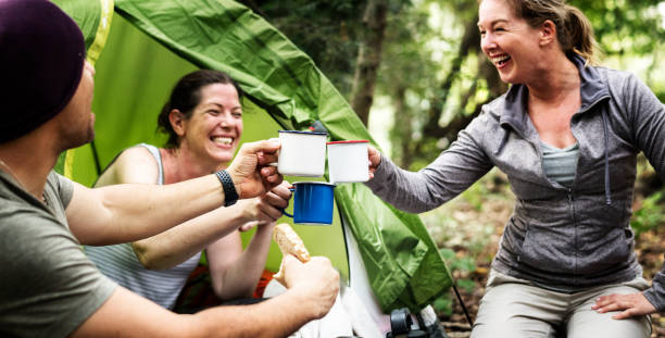 istock Group of diverse friends camping in the forest 1058296598