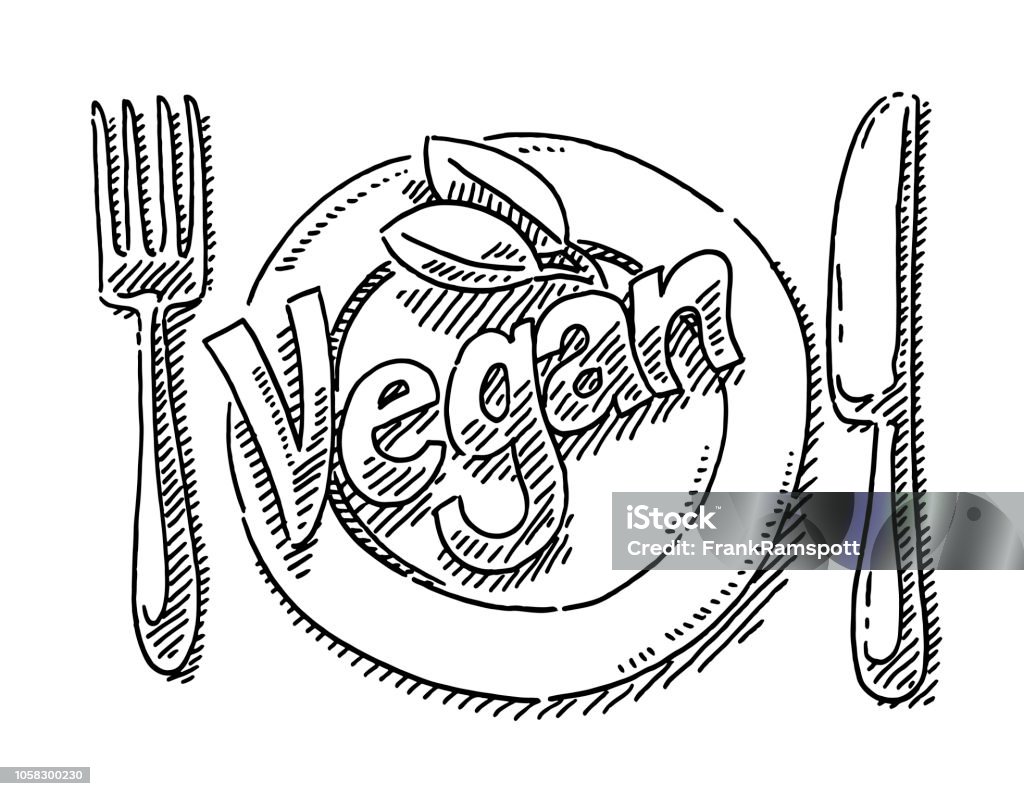 Vegan Text Table Setting Drawing Hand-drawn vector drawing of a Vegan Text Table Setting. Black-and-White sketch on a transparent background (.eps-file). Included files are EPS (v10) and Hi-Res JPG. Vegan Food stock vector