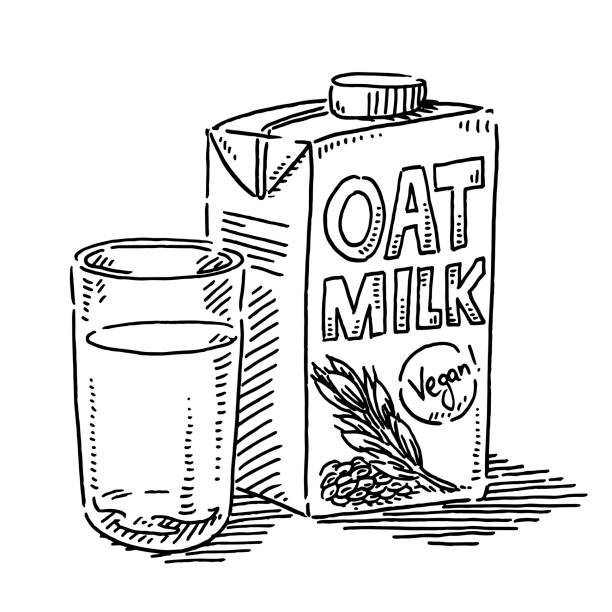 Oat Milk Glass Vegan Drink Drawing Hand-drawn vector drawing of a Oat Milk Packaging and a Glass of Vegan Drink. Black-and-White sketch on a transparent background (.eps-file). Included files are EPS (v10) and Hi-Res JPG. glass of milk transparent background stock illustrations