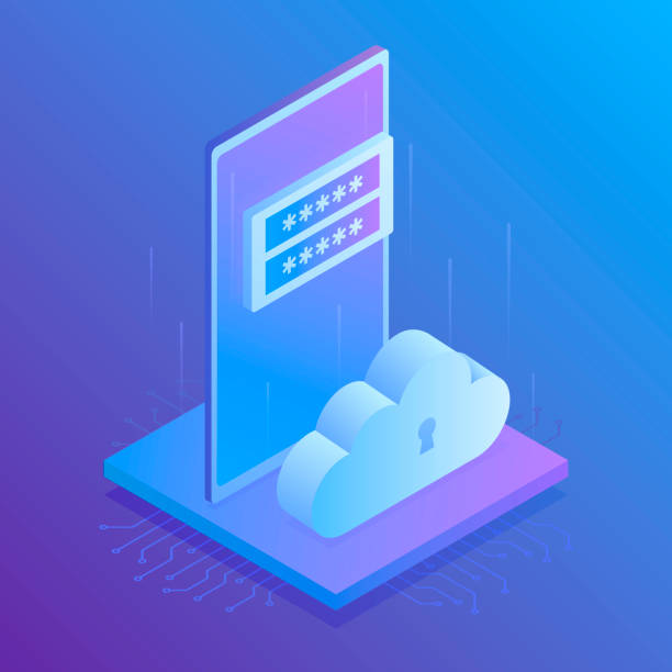 istock Corporation public data storaging, access for files, modern server room, smartphone, cloud icon, registration form. Modern isometric vector illustration 1058300510