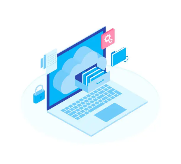 Vector illustration of Cloud data storage flat 3d isometric business technology server concept. Laptop with Document drawer in cloud-shaped cabinet. Modern isometric vector illustration