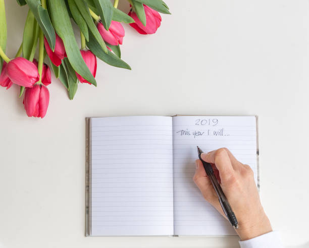 Woman's hands writing goals for 2019 in journal from above High angle view of red tulips with woman's hands holding pen over journal and handwritten goals for 2019 (selective focus) 2019 new year resolution stock pictures, royalty-free photos & images