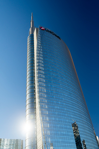 Milan, Italy - January 6, 2017: Unicredit Tower building in Gae Aulenti square, with its 231 meters, is the tallest skyscraper in Italy.