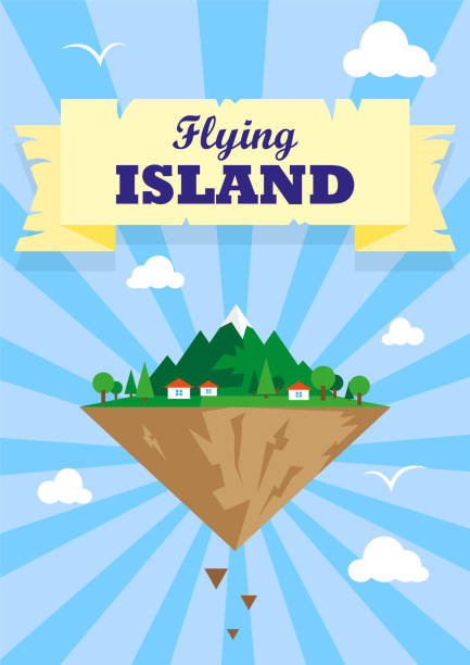 ilustracja latającej wyspy z domami ptaków i chmur - mountain landscape mountain peak small stock illustrations