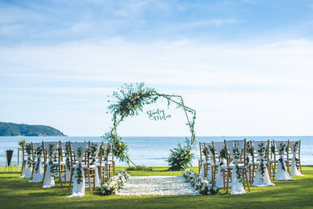 istock Romantic wedding ceremony on the lawn Sea view. 1058308956