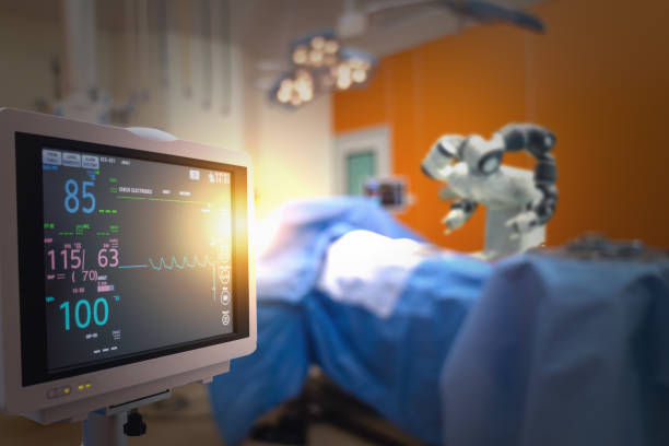 concetto di tecnologia medica intelligente, macchina chirurgica robotica avanzata in ospedale, chirurgia robotica sono precisione, miniaturizzazione, incisioni più piccole, riduzione della perdita di sangue, meno dolore, tempi di guarigione rapidi - chirurgia robotica foto e immagini stock