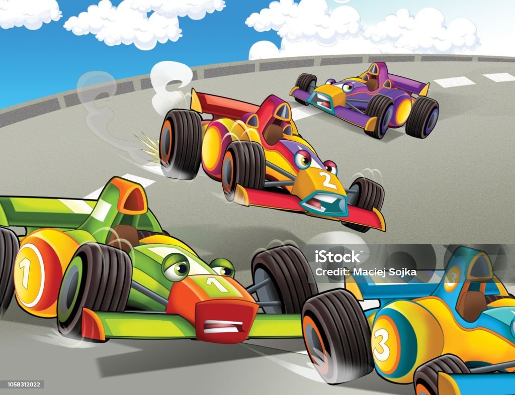 Cartoon Professional Race Cars On Racing Track Stock Illustration -  Download Image Now - Abstract, Art, Car - iStock