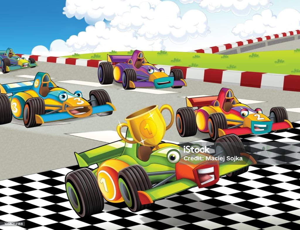 Cartoon Professional Race Cars On Racing Track Stock Illustration
