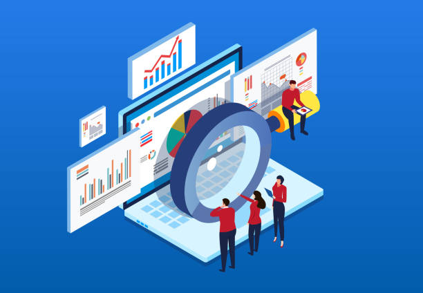 ilustrações de stock, clip art, desenhos animados e ícones de businessman uses a magnifying glass to analyze web page data - marketing internet chart ideas