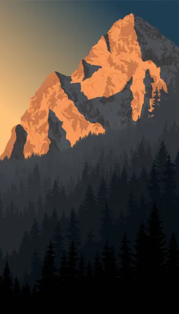 Vector illustration of vector morning peack in alps mountain woodland landscape