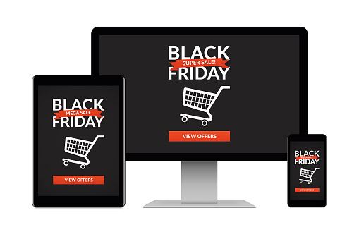 Desktop computer, tablet and smartphone isolated on white with black friday concept on screen. Digital generated devices.