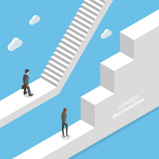 Gender discrimination and inequality isometric flat vector concept. Isometric flat vector concept of gender discrimination, inequality of career and professional life. equity vs equality stock illustrations