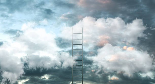 scala su nuvole con sfondo cielo - via al concetto di successo. illustrazione 3d - ideas concepts ladder cloud foto e immagini stock