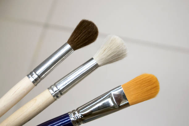 istock Three watercolor paint brushes of soft fur on light background 1058328162