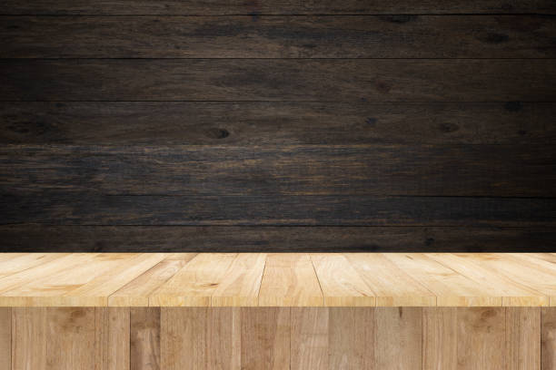 istock wood table for display product and vintage wall 1058329890