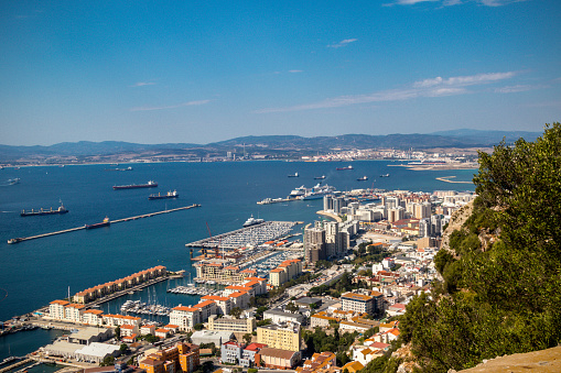 Gibraltar, United Kingdom, 1st October 2018:-The town and harbour of Gibraltar viewed from up the Rock. Gibraltar is a British Overseas Territory located on the southern tip of Spain.