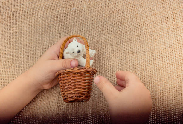 istock Hand holding a Polar bear model in basket 1058334834
